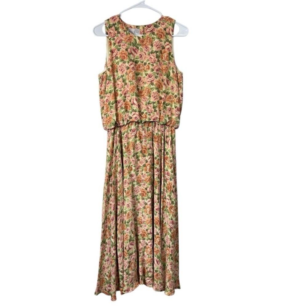 Vintage Adrianna Papell Size 10M 100% Silk Floral Maxi Dress Blouson Cottage